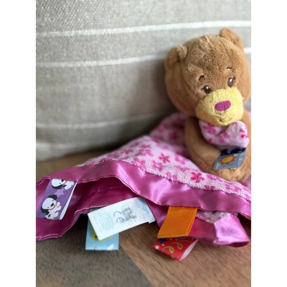 Taggies Pink Floral Teddy Bear Baby Security Blanket Satin Ribbon Loops Plush